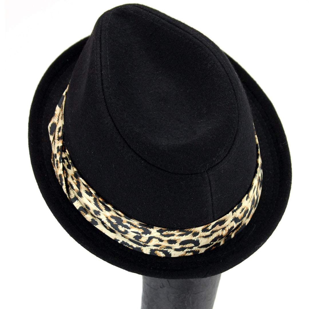 Women's felt rolled brim trilby hat with satin leopard print band - Black (57cm)