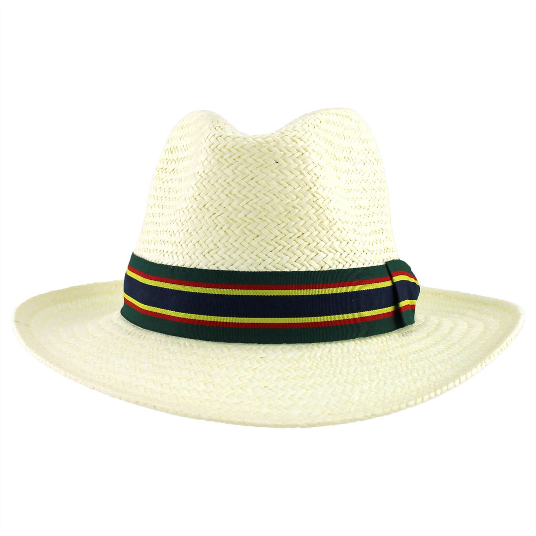 Wide Brim Straw Panama Fedora Hat - Green & Navy