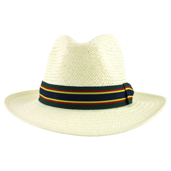 Wide Brim Straw Panama Fedora Hat - Green & Navy