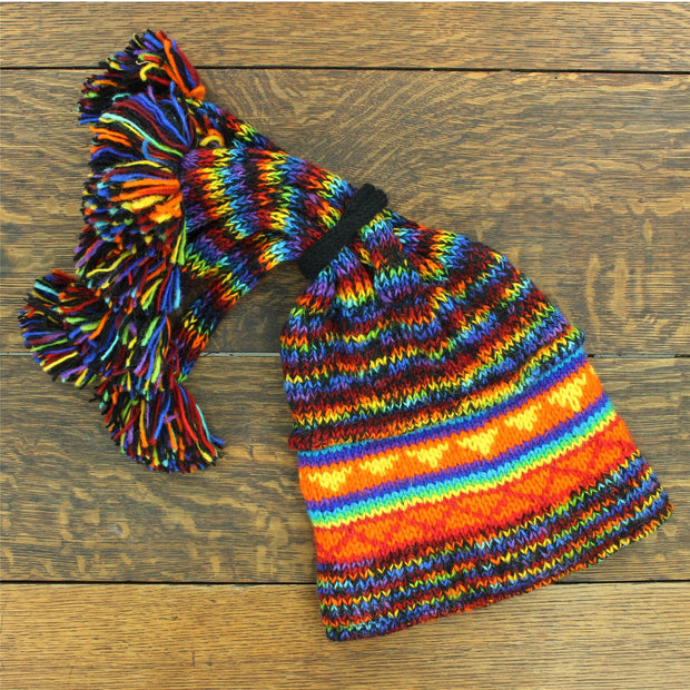 Hand Knitted Beanie Fountain Tassel Hat - SD Black Rainbow Orange