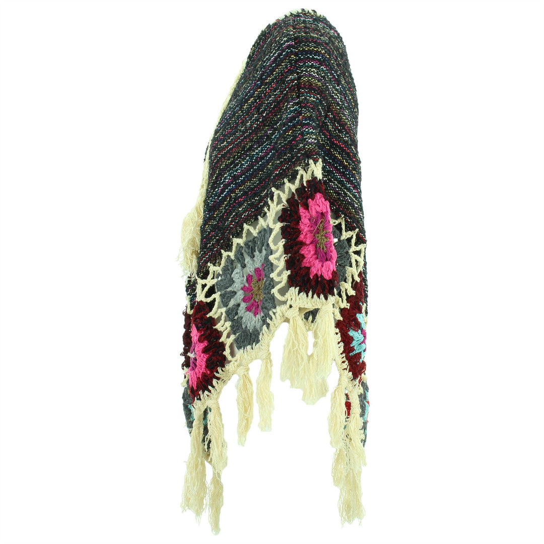 Granny Squares Crochet Poncho Short - Black Multi/Cream