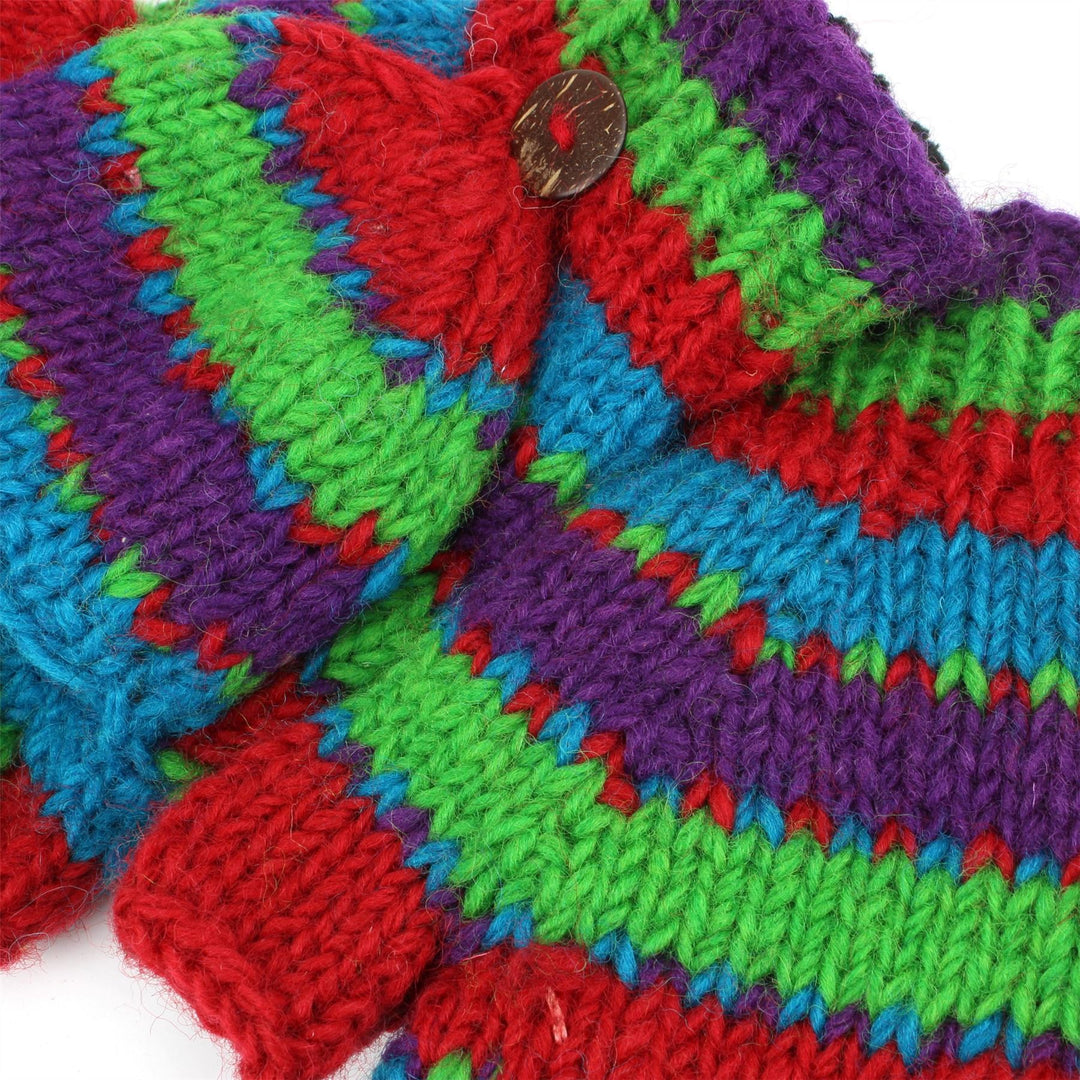 Chunky Wool Knit Fingerless Shooter Gloves - Stripe - Multi Red & Green