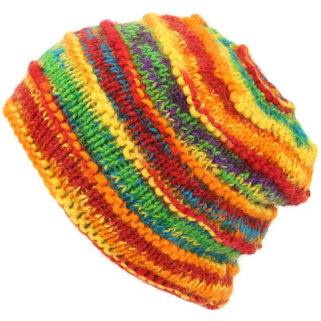 Chunky Ribbed Wool Knit Beanie Hat with Space Dye Design - Rainbow