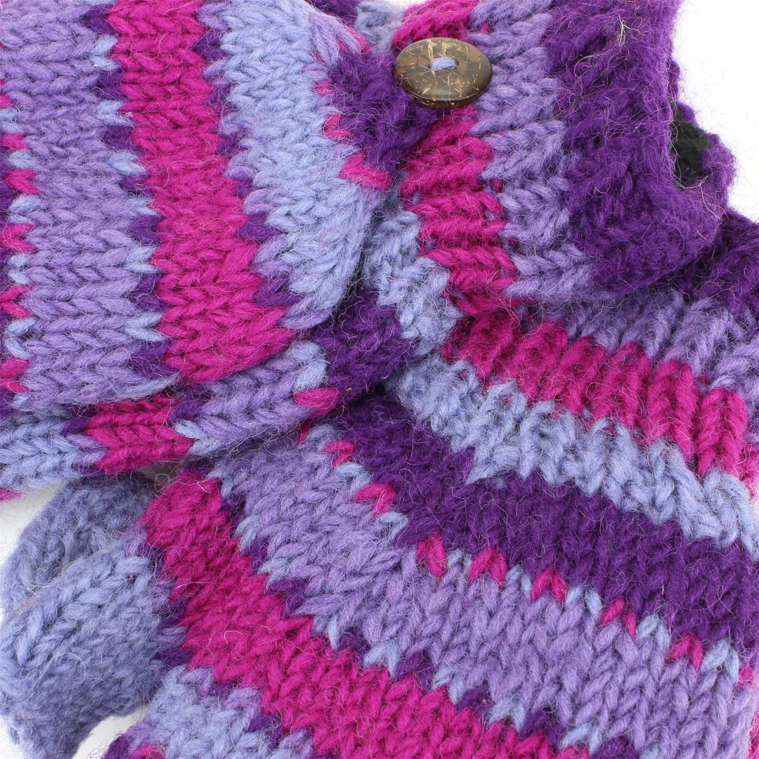 Chunky Wool Knit Fingerless Shooter Gloves - Stripe - Purple