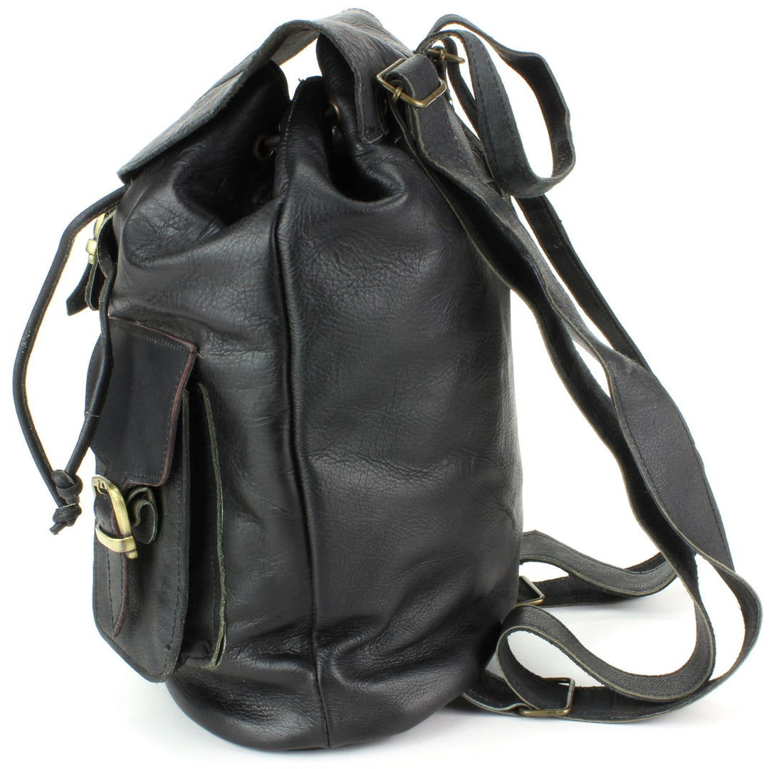 Real Leather Backpack with Two Front Pockets - Black