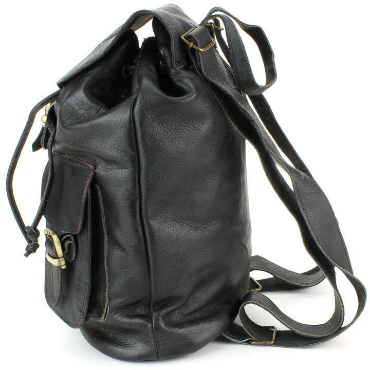 Real Leather Backpack with Two Front Pockets - Black