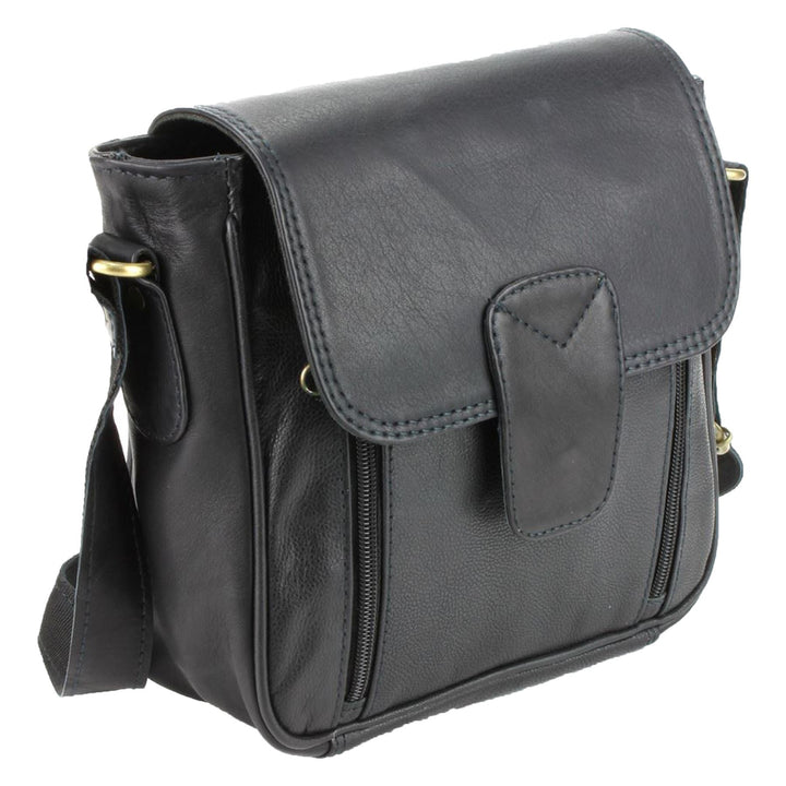 Real Leather Shoulder Bag with Large Extendable Front Pocket - Black