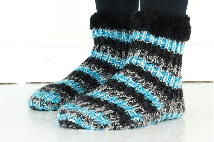Hand Knitted Wool Slipper Socks - SD Light Blue Charcoal