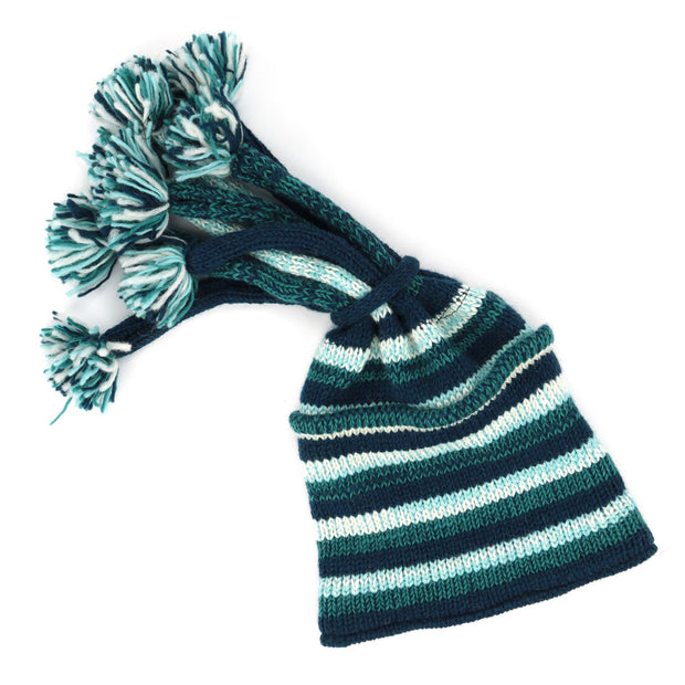 Hand Knitted Beanie Fountain Tassel Hat - SD Teal