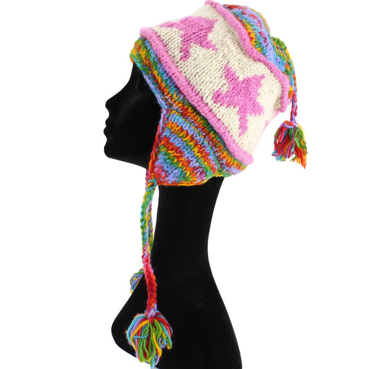 Wool Knit Earflap Tassel Hat - Star Rainbow SD Pink