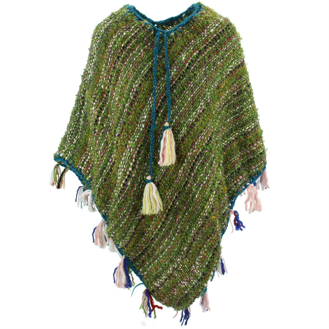 Stripe Crochet Poncho Long - Olive Green