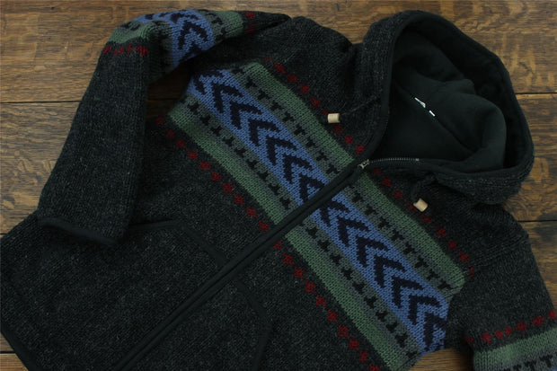 Wool Knit Chevron Hooded Jacket - Charcoal