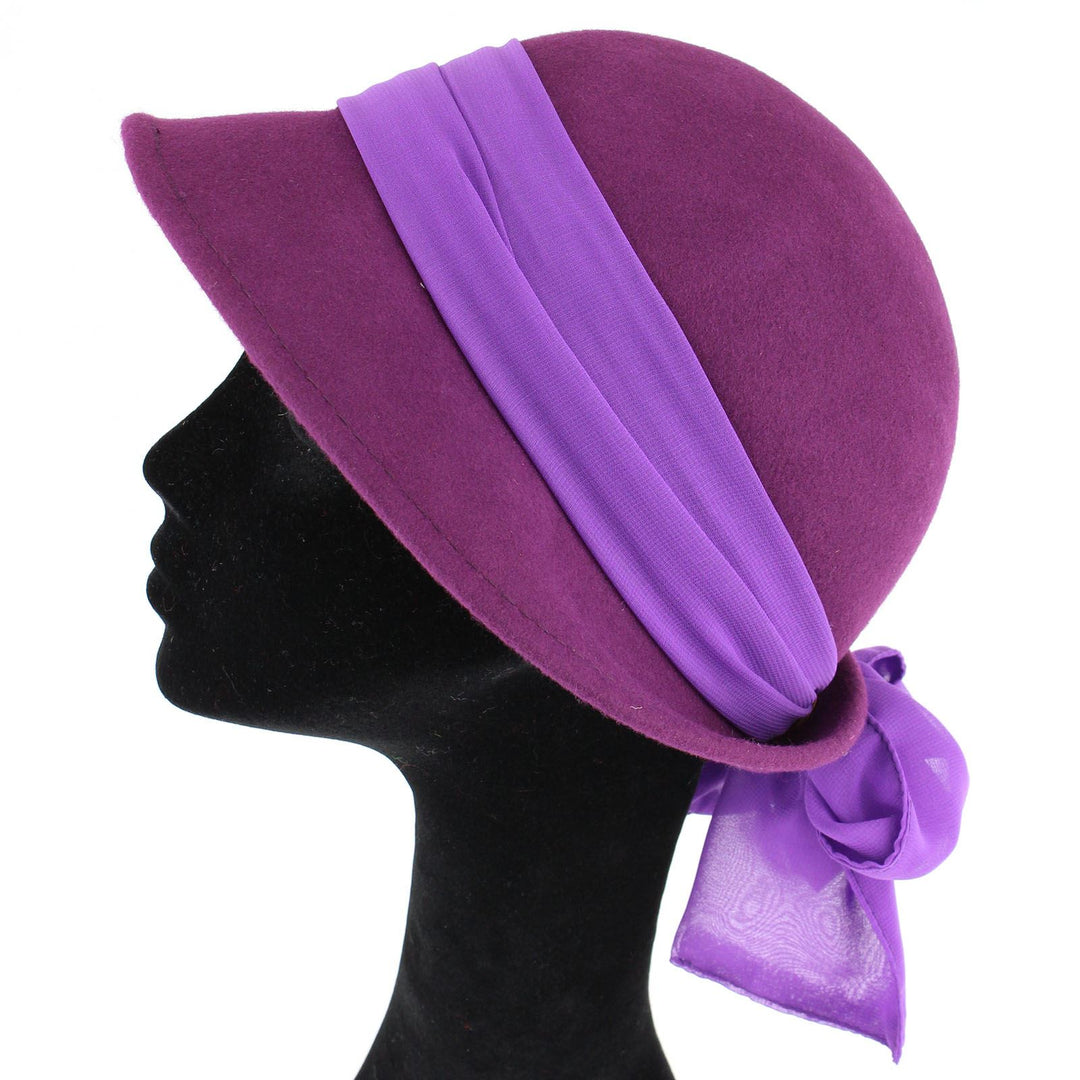 Wool felt cloche hat with wide chiffon band and bow - Purple (57cm)