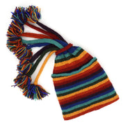 Hand Knitted Beanie Fountain Tassel Hat - Stripe Dark Rainbow