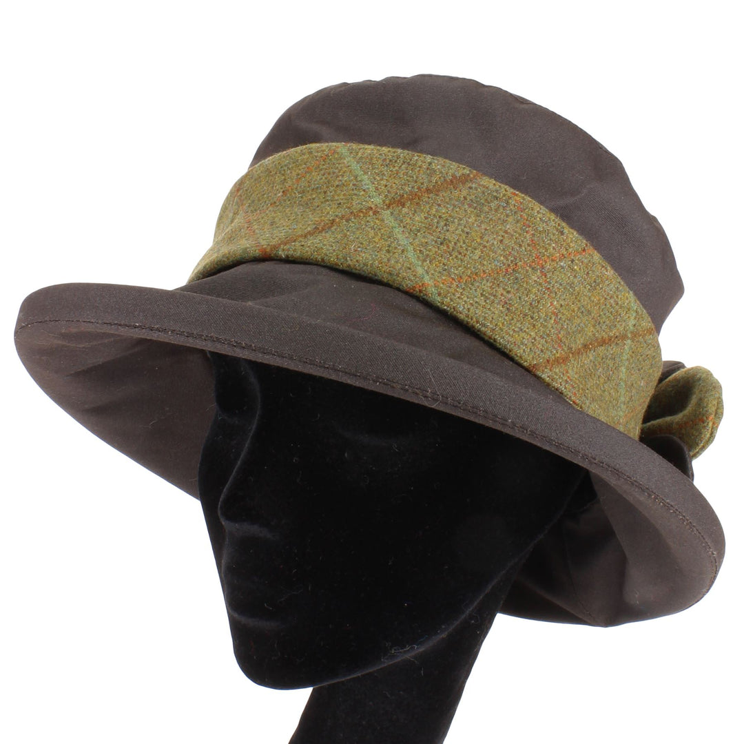 Ladies Wax Hat with Tweed Band and Flower - Brown