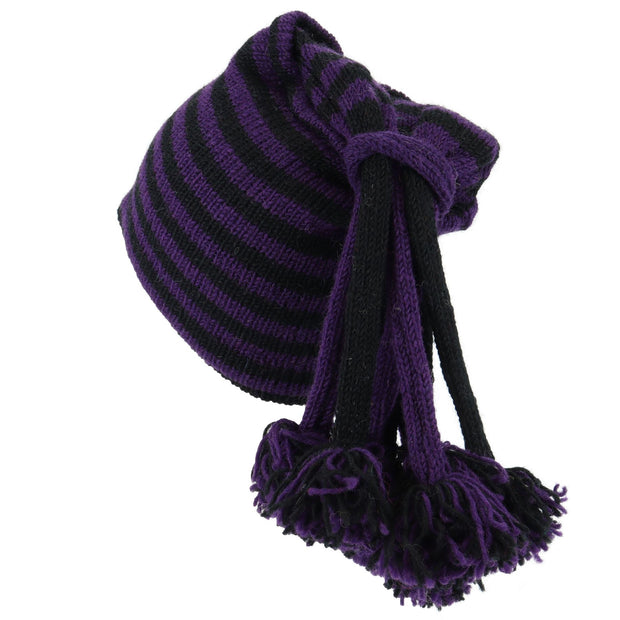 Hand Knitted Beanie Fountain Tassel Hat - Stripe Purple Black