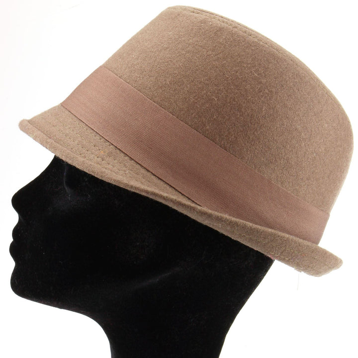 Wool trilby hat with short brim and large side bow - Brown (57cm)