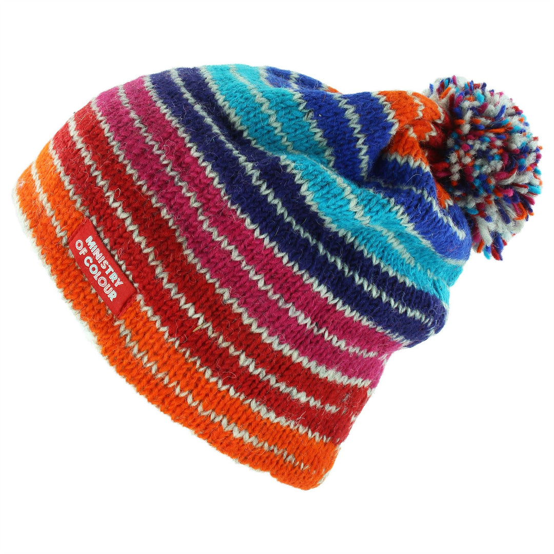 Wool Knit Bobble Beanie Hat - Stripe Blue