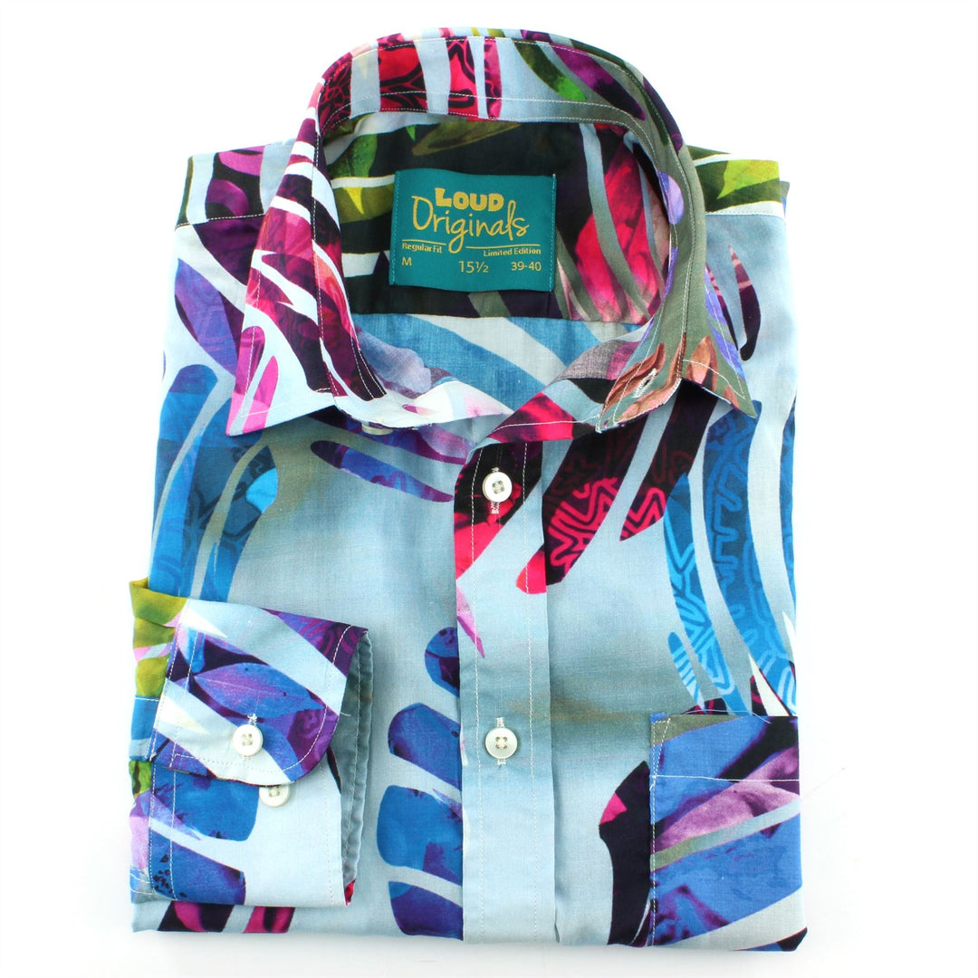 Regular Fit Long Sleeve Shirt - Blue & Pink Abstract Jungle