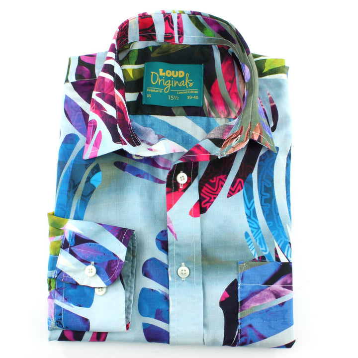 Regular Fit Long Sleeve Shirt - Blue & Pink Abstract Jungle