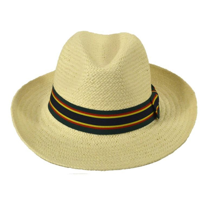 Wide Brim Straw Panama Fedora Hat - Green & Navy