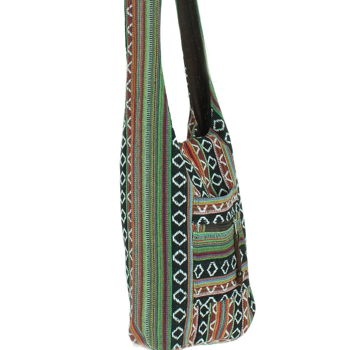 Diamond Pattern Canvas Sling Shoulder Bag - Black Brown