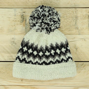 Hand Knitted Wool Beanie Bobble Hat - Fairisle Black