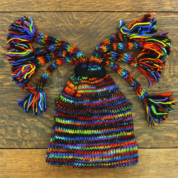 Hand Knitted Beanie Fountain Tassel Hat - SD Black Rainbow