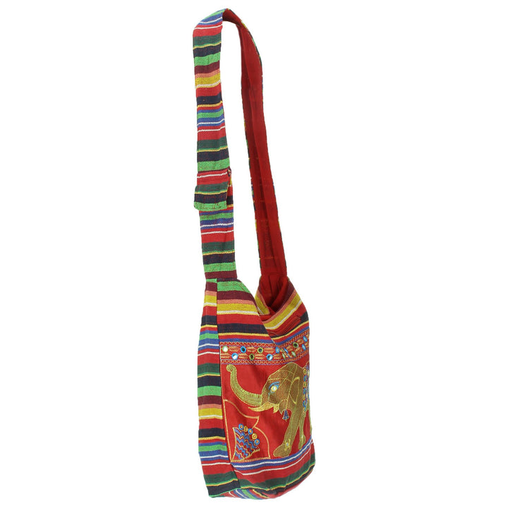 Embroidered Elephant Canvas Sling Shoulder Bag - Red