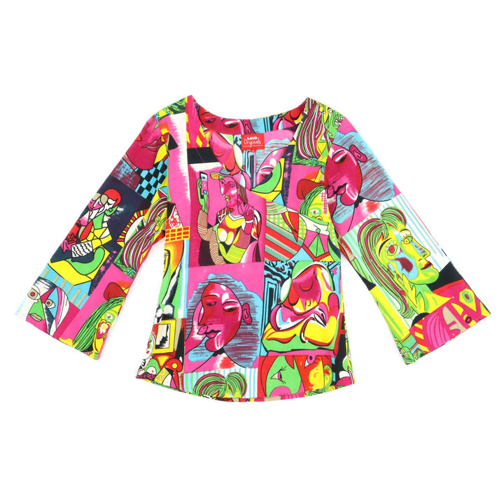 Wrap Top With Bell Sleeve - Cubism Blue