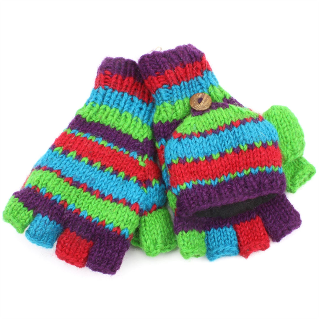 Chunky Wool Knit Fingerless Shooter Gloves - Stripe - Multi Red & Green