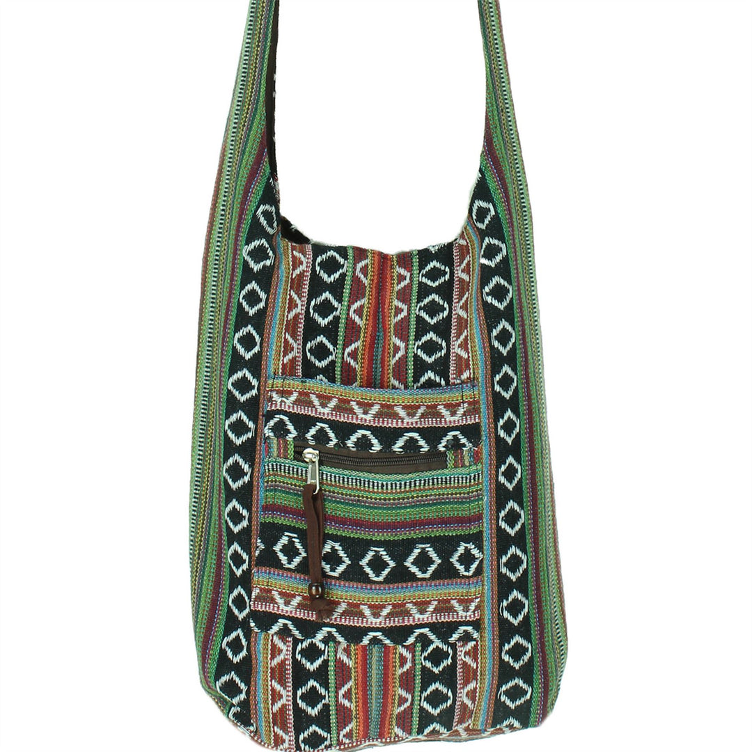 Diamond Pattern Canvas Sling Shoulder Bag - Black Brown