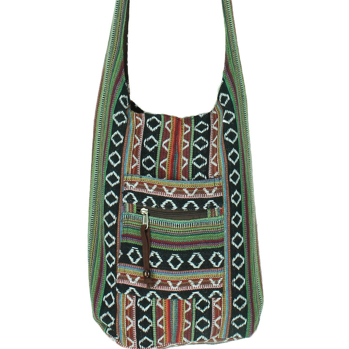 Diamond Pattern Canvas Sling Shoulder Bag - Black Brown
