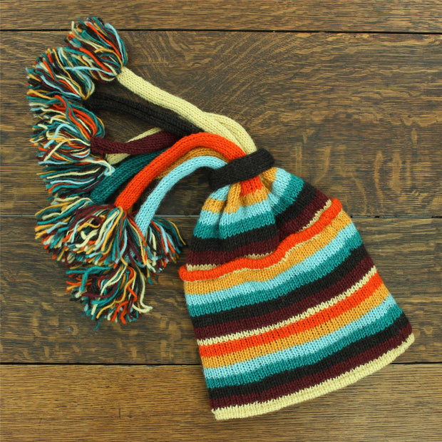 Hand Knitted Beanie Fountain Tassel Hat - Stripe Retro D
