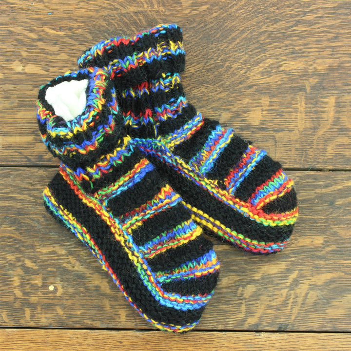 Hand Knitted Wool Ankle Socks - Stripe Black Rainbow SD