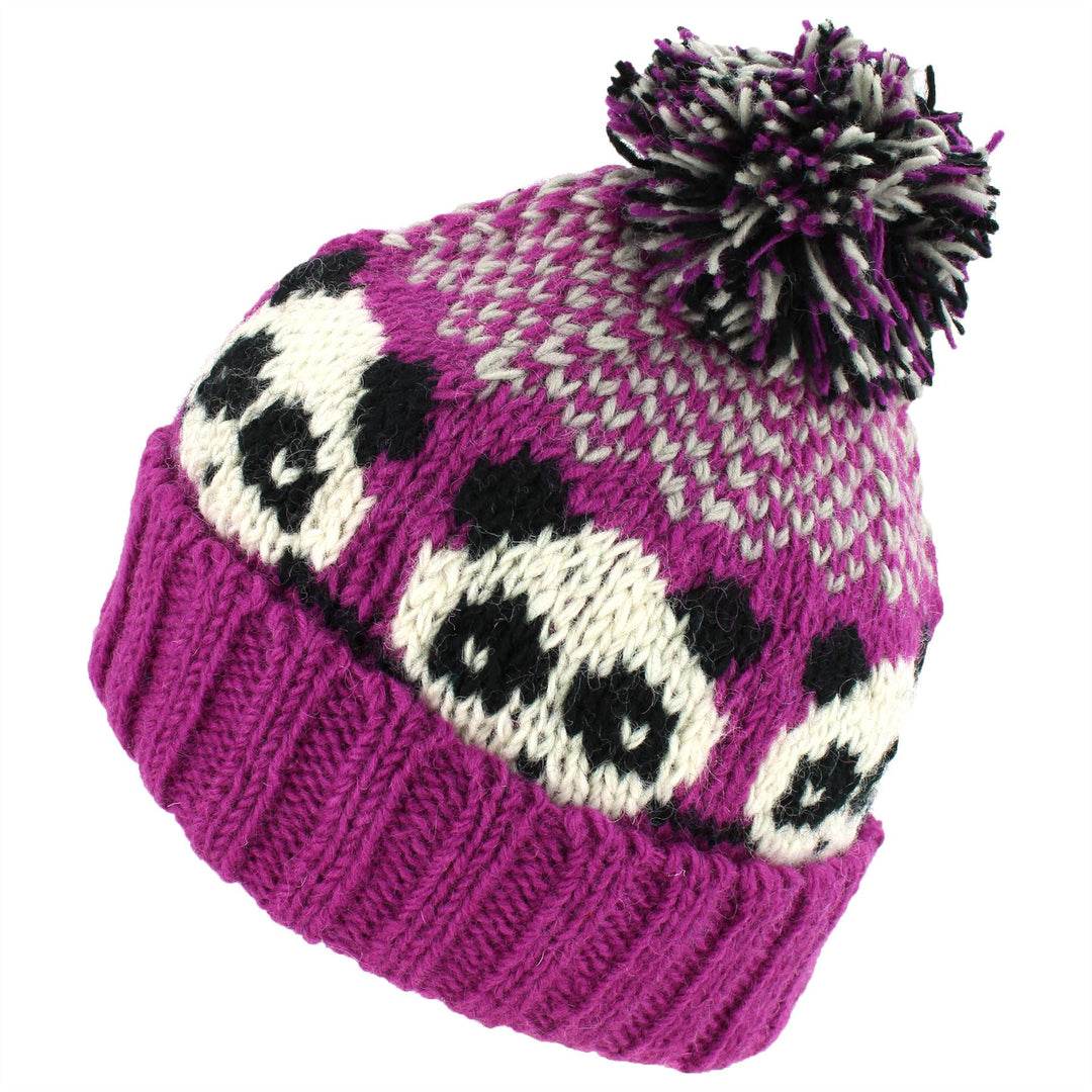 Wool Knit Bobble Beanie Hat - Panda - Pink White
