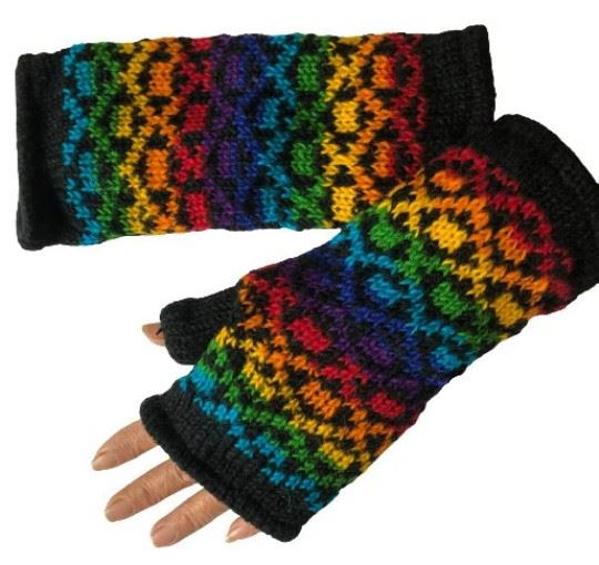 Wool Knit Fleece Lined  Wrist Warmers - Black Rainbow Diamond