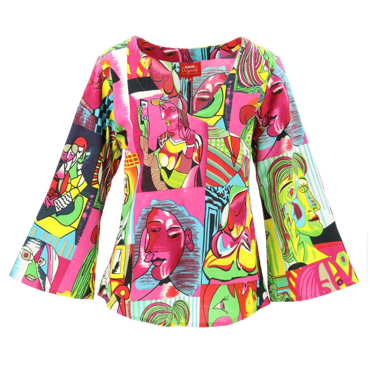 Wrap Top With Bell Sleeve - Cubism Blue