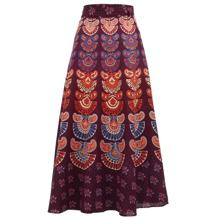 Block Print Mandala Maxi Wrap Skirt - Maroon