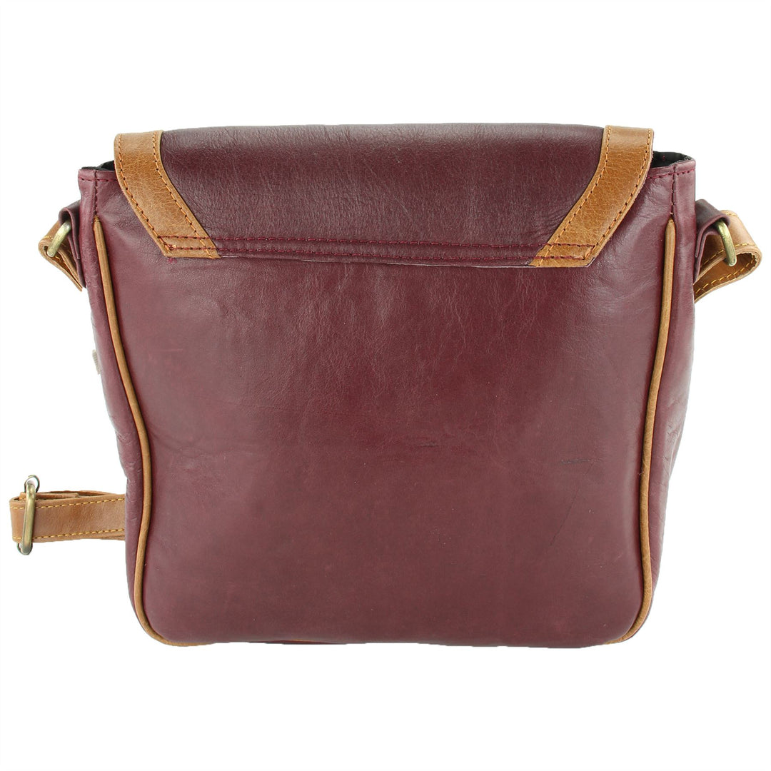 Real Leather Cross Body Messenger Shoulder Bag - Red & Brown