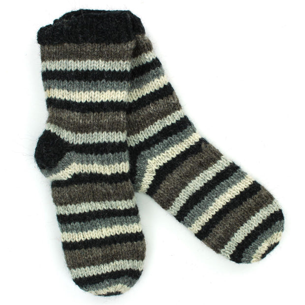 Hand Knitted Wool Ankle Socks - Stripe Natural