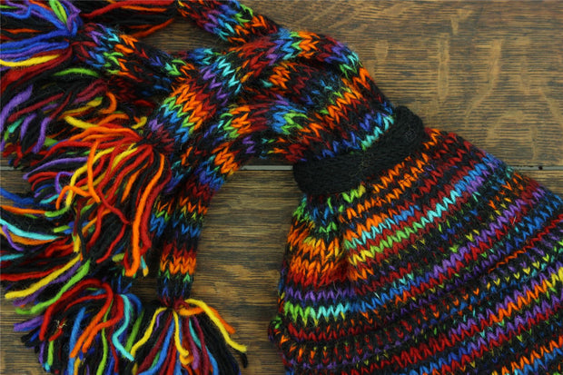 Hand Knitted Beanie Fountain Tassel Hat - SD Black Rainbow