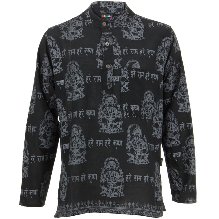 Long Sleeve 'Ganesh' Printed Nepalese Kurta Grandad Shirt - Black