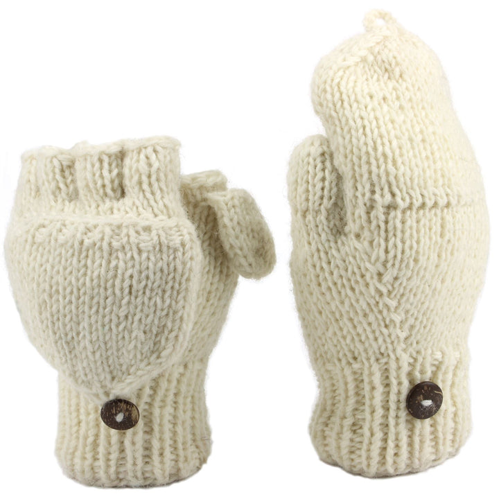 Chunky Wool Knit Fingerless Shooter Gloves - Plain - Off White