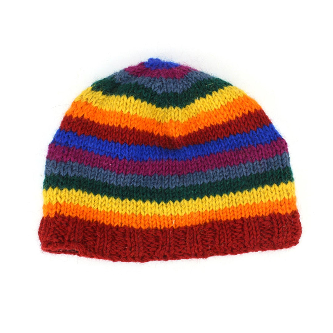 Wool knit beanie hat with fleece lining - Rainbow