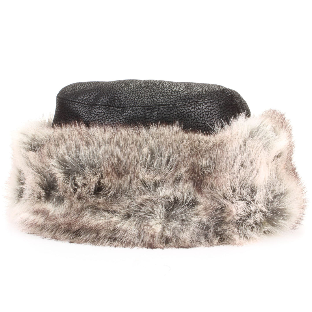 Flat Top Faux Leather Hat with Faux Fur Cuff - Black