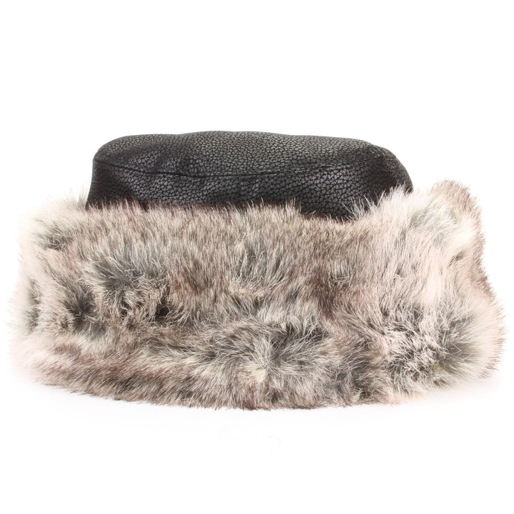 Flat Top Faux Leather Hat with Faux Fur Cuff - Black