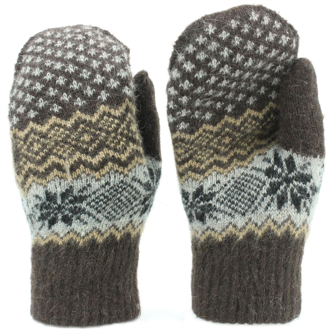 Wool Knit Fairisle Mittens - Brown