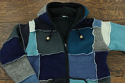 Wool Knit Patchwork Hooded Jacket - Blue