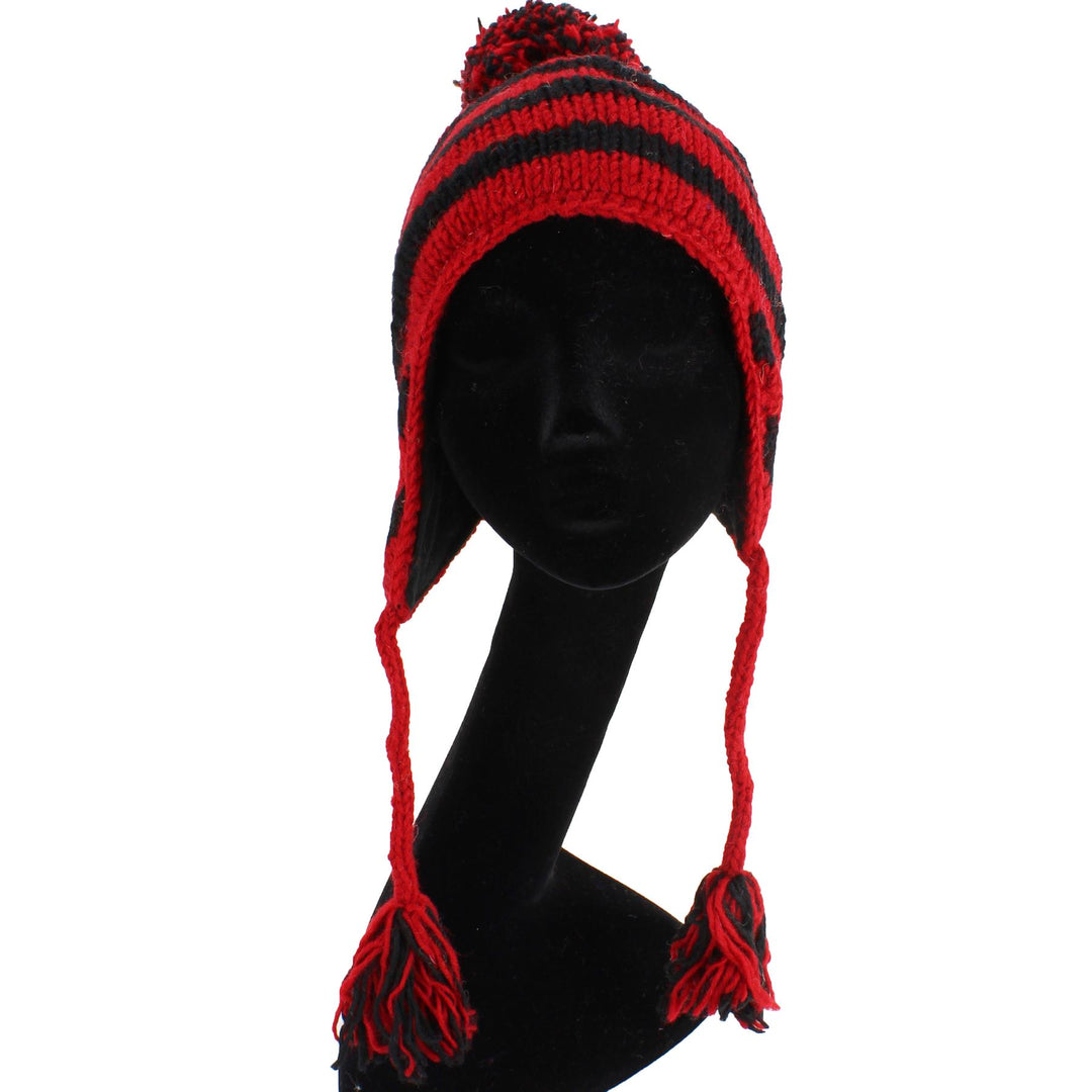 Wool Knit Earflap Bobble Hat - Stripe Red Black